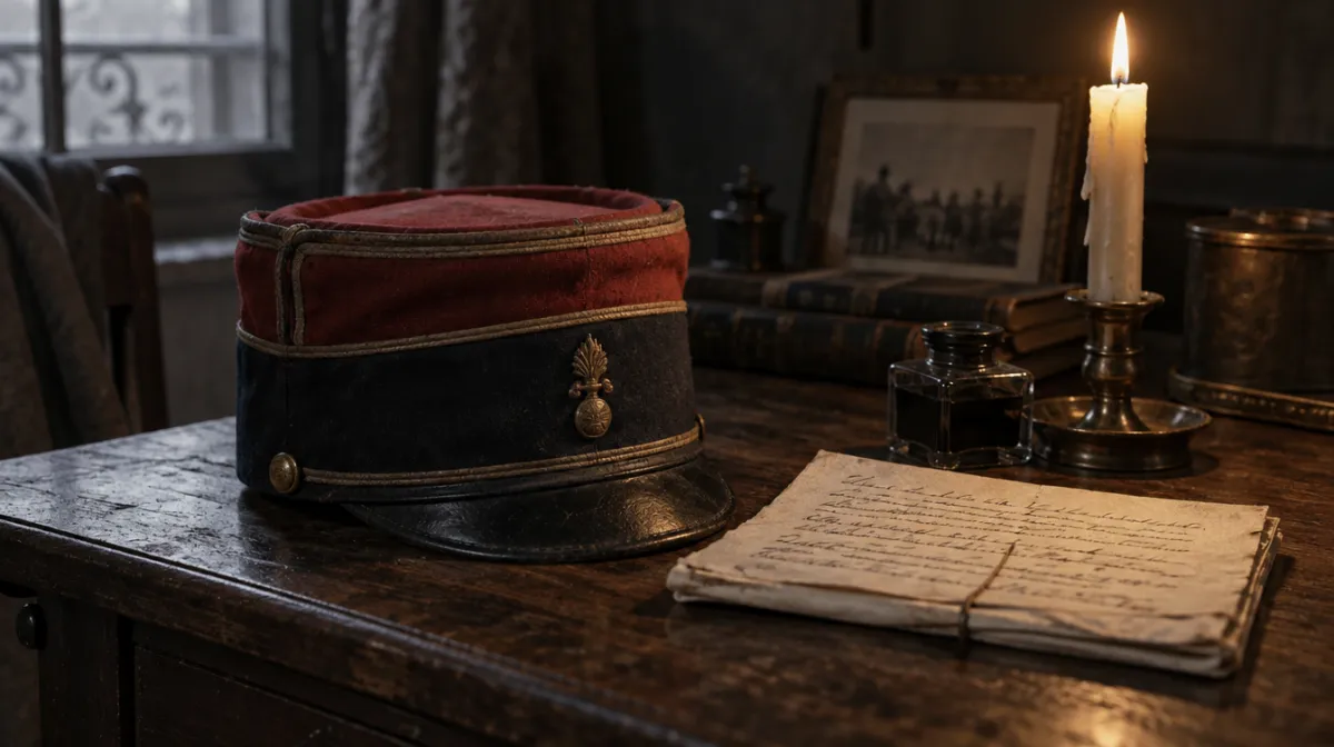 An old French military cap and a folded letter on a dark wooden desk beside a candle