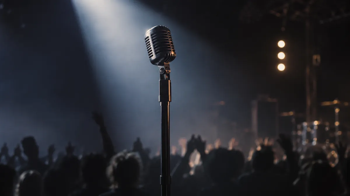 An empty stage microphone lit by a single spotlight in front of a dark crowd