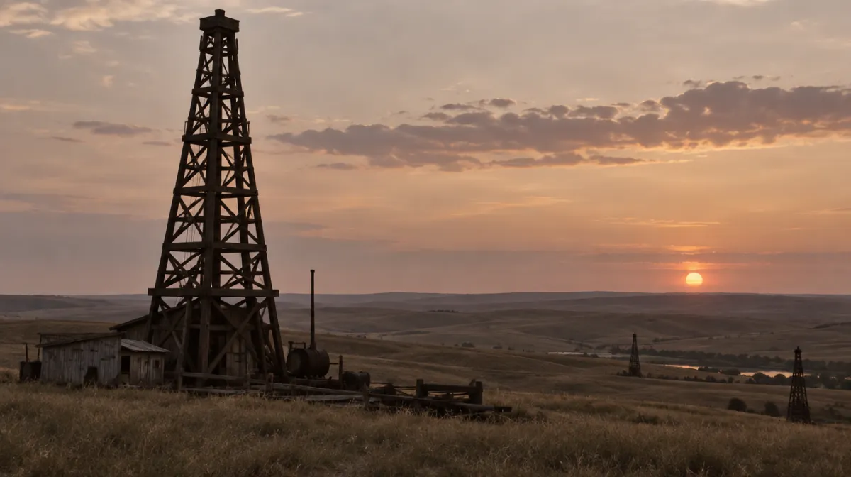 A vintage oil derrick silhouetted against a pale Wyoming-style prairie sky