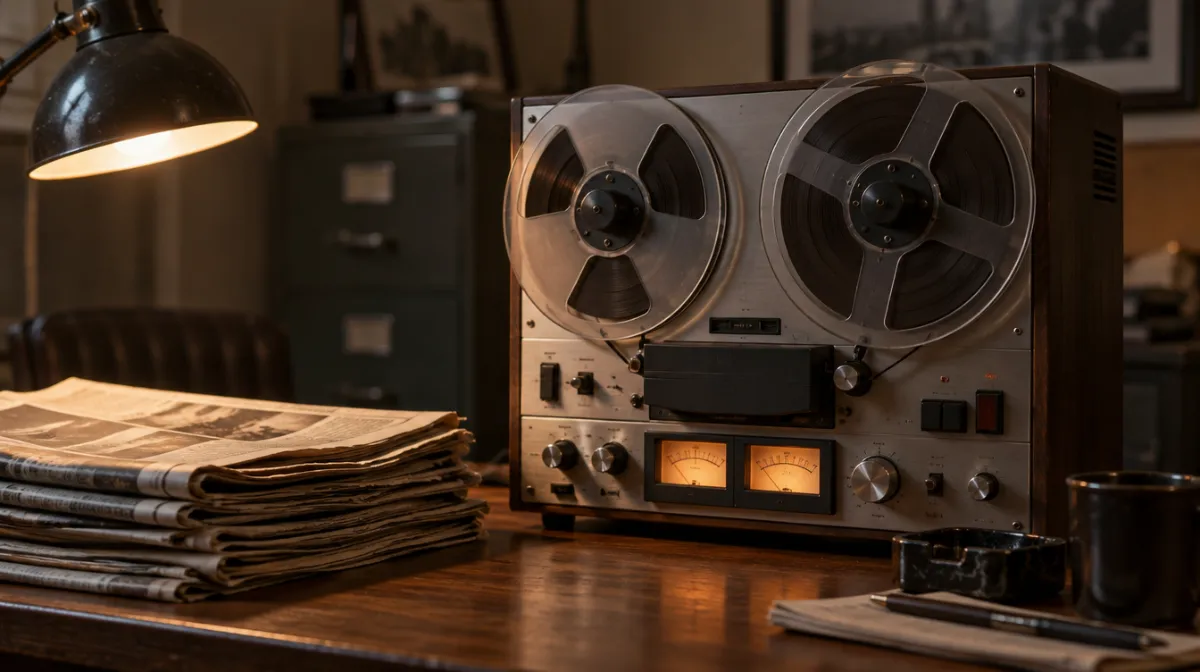 A vintage reel-to-reel tape recorder on a wooden desk beside a stack of old newspapers